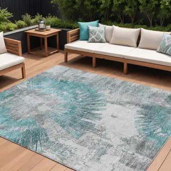 9' X 12' Teal Blue Aqua And Gray Abstract Washable Indoor Outdoor Area Rug