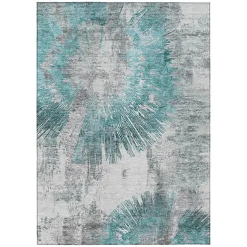 9' X 12' Teal Blue Aqua And Gray Abstract Washable Indoor Outdoor Area Rug