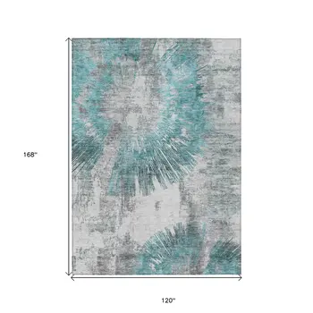 10' X 14' Teal Blue Aqua And Gray Abstract Washable Indoor Outdoor Area Rug