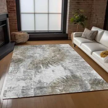 5' X 8' Taupe Beige And Brown Abstract Washable Indoor Outdoor Area Rug