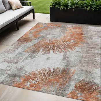 5' X 8' Terra Cotta Copper And Taupe Abstract Washable Indoor Outdoor Area Rug