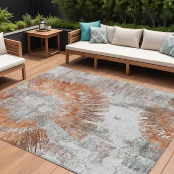10' X 14' Terra Cotta Copper And Taupe Abstract Washable Indoor Outdoor Area Rug
