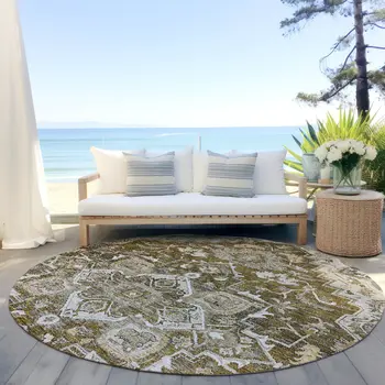 8' Brown Beige And Taupe Round Oriental Washable Indoor Outdoor Area Rug