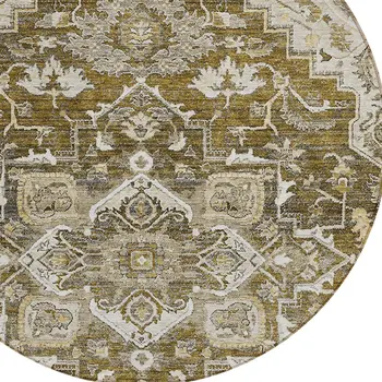 8' Brown Beige And Taupe Round Oriental Washable Indoor Outdoor Area Rug