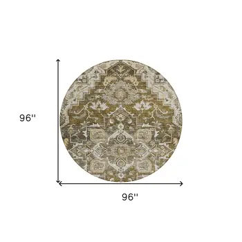8' Brown Beige And Taupe Round Oriental Washable Indoor Outdoor Area Rug
