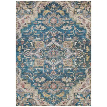 3' X 5' Blue Beige And Gold Oriental Washable Indoor Outdoor Area Rug