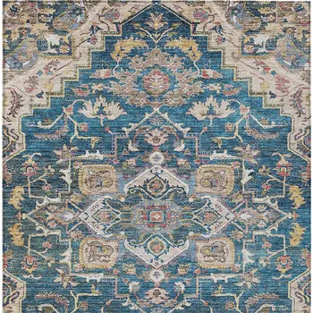 5' X 8' Blue Beige And Gold Oriental Washable Indoor Outdoor Area Rug