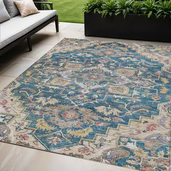 5' X 8' Blue Beige And Gold Oriental Washable Indoor Outdoor Area Rug