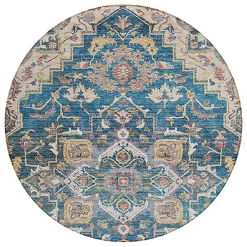 8' Blue Beige And Gold Round Oriental Washable Indoor Outdoor Area Rug