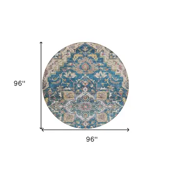 8' Blue Beige And Gold Round Oriental Washable Indoor Outdoor Area Rug