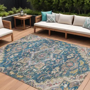 8' X 10' Blue Beige And Gold Oriental Washable Indoor Outdoor Area Rug