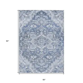 5' X 8' Denim Blue And Sky Blue Oriental Washable Indoor Outdoor Area Rug