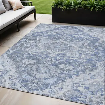 5' X 8' Denim Blue And Sky Blue Oriental Washable Indoor Outdoor Area Rug