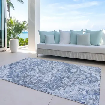 5' X 8' Denim Blue And Sky Blue Oriental Washable Indoor Outdoor Area Rug