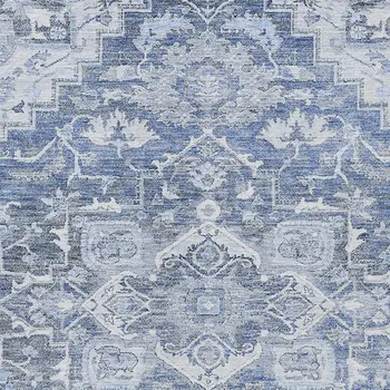 5' X 8' Denim Blue And Sky Blue Oriental Washable Indoor Outdoor Area Rug