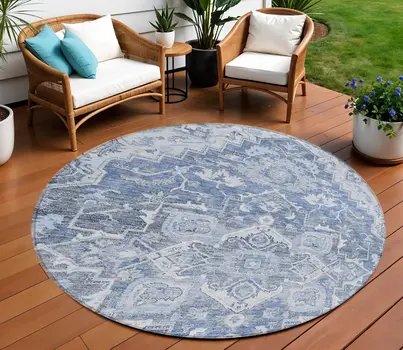 8' Denim Blue And Sky Blue Round Oriental Washable Indoor Outdoor Area Rug