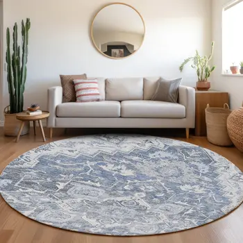 8' Denim Blue And Sky Blue Round Oriental Washable Indoor Outdoor Area Rug
