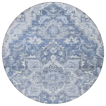 8' Denim Blue And Sky Blue Round Oriental Washable Indoor Outdoor Area Rug