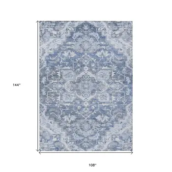 9' X 12' Denim Blue And Sky Blue Oriental Washable Indoor Outdoor Area Rug