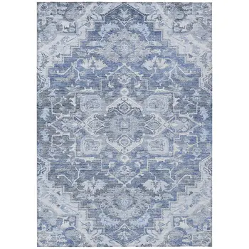 9' X 12' Denim Blue And Sky Blue Oriental Washable Indoor Outdoor Area Rug