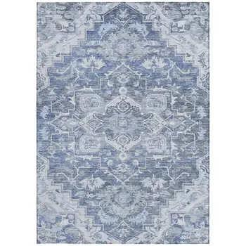 10' X 14' Denim Blue And Sky Blue Oriental Washable Indoor Outdoor Area Rug
