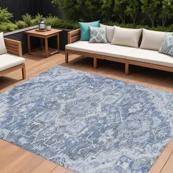 10' X 14' Denim Blue And Sky Blue Oriental Washable Indoor Outdoor Area Rug