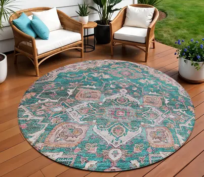 8' Emerald Teal Blue And Beige Round Oriental Washable Indoor Outdoor Area Rug