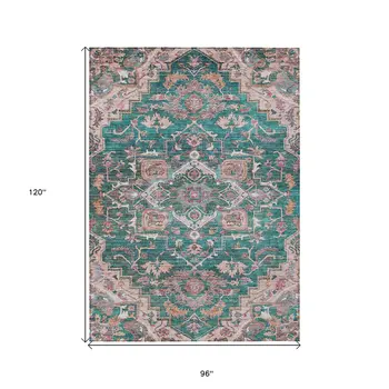 8' X 10' Emerald Teal Blue And Beige Oriental Washable Indoor Outdoor Area Rug