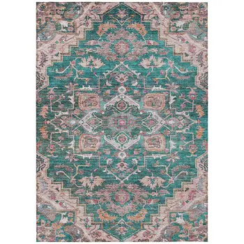 8' X 10' Emerald Teal Blue And Beige Oriental Washable Indoor Outdoor Area Rug