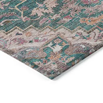 8' X 10' Emerald Teal Blue And Beige Oriental Washable Indoor Outdoor Area Rug