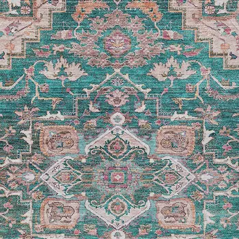 8' X 10' Emerald Teal Blue And Beige Oriental Washable Indoor Outdoor Area Rug