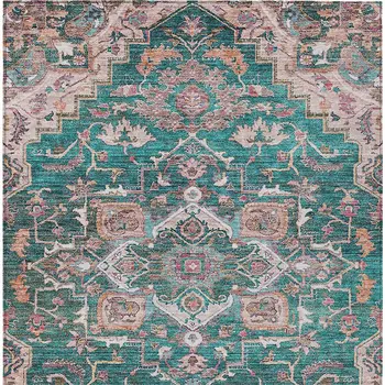 9' X 12' Emerald Teal Blue And Beige Oriental Washable Indoor Outdoor Area Rug