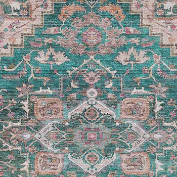 9' X 12' Emerald Teal Blue And Beige Oriental Washable Indoor Outdoor Area Rug
