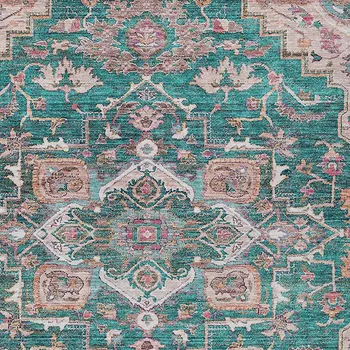 10' X 14' Emerald Teal Blue And Beige Oriental Washable Indoor Outdoor Area Rug
