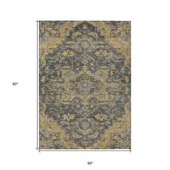 5' X 8' Gray Charcoal And Silver Oriental Washable Indoor Outdoor Area Rug