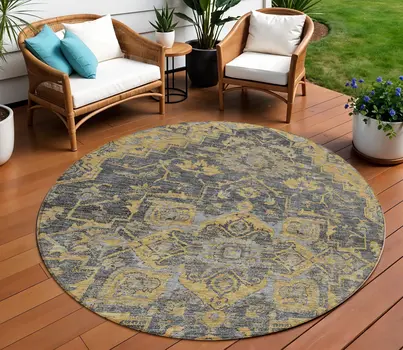 8' Gray Charcoal And Silver Round Oriental Washable Indoor Outdoor Area Rug