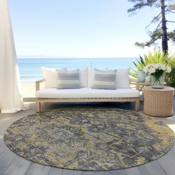 8' Gray Charcoal And Silver Round Oriental Washable Indoor Outdoor Area Rug