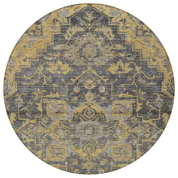 8' Gray Charcoal And Silver Round Oriental Washable Indoor Outdoor Area Rug