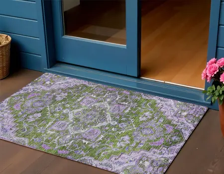 3' X 5' Olive Green And Purple Oriental Washable Indoor Outdoor Area Rug