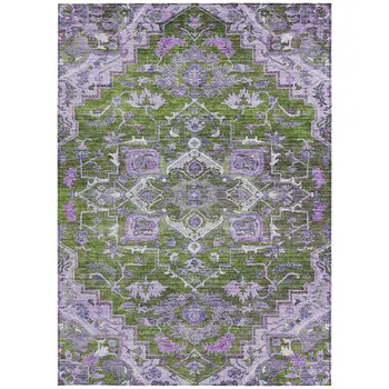 5' X 8' Olive Green And Purple Oriental Washable Indoor Outdoor Area Rug