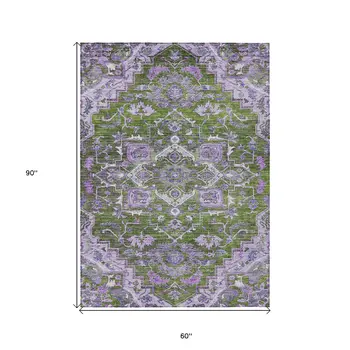 5' X 8' Olive Green And Purple Oriental Washable Indoor Outdoor Area Rug