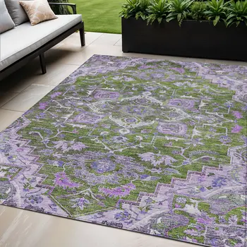 5' X 8' Olive Green And Purple Oriental Washable Indoor Outdoor Area Rug