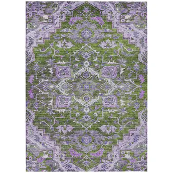 5' X 8' Olive Green And Purple Oriental Washable Indoor Outdoor Area Rug