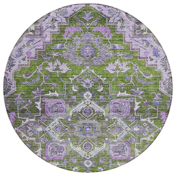8' Olive Green And Purple Round Oriental Washable Indoor Outdoor Area Rug