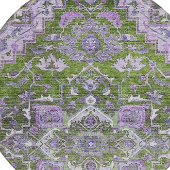 8' Olive Green And Purple Round Oriental Washable Indoor Outdoor Area Rug