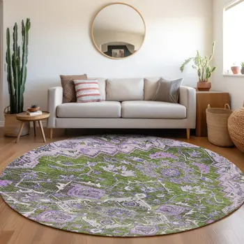 8' Olive Green And Purple Round Oriental Washable Indoor Outdoor Area Rug