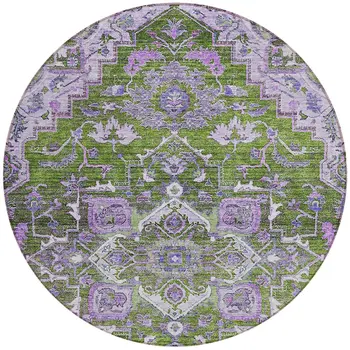 8' Olive Green And Purple Round Oriental Washable Indoor Outdoor Area Rug
