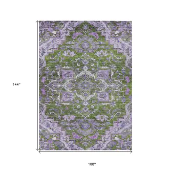9' X 12' Olive Green And Purple Oriental Washable Indoor Outdoor Area Rug