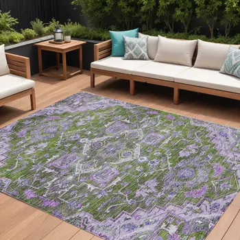 10' X 14' Olive Green And Purple Oriental Washable Indoor Outdoor Area Rug