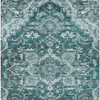 5' X 8' Teal Blue Gray And Charcoal Oriental Washable Indoor Outdoor Area Rug
